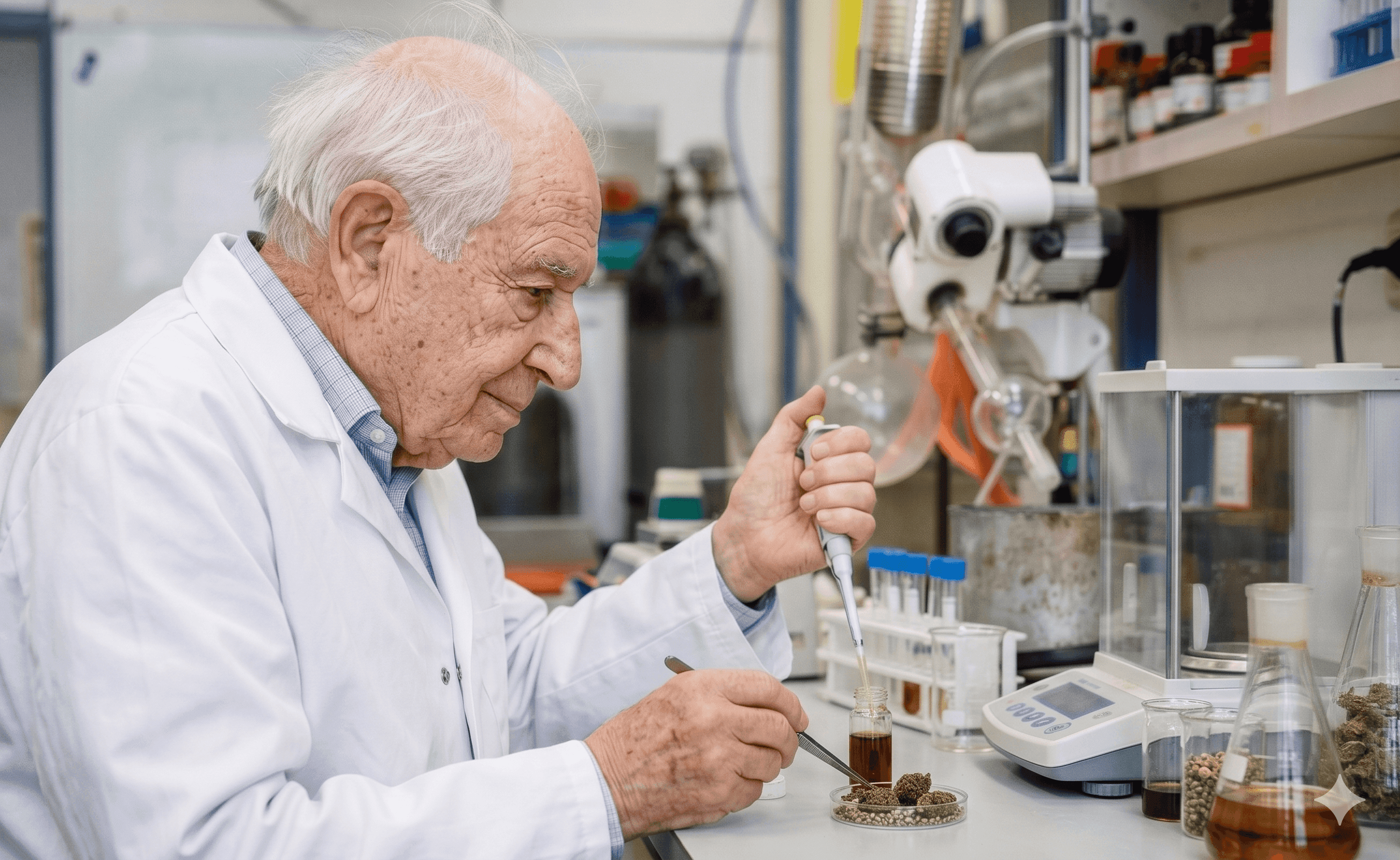 Imagem ilustrativa de Raphael Mechoulam gerada por inteligência artificial, em homenagem ao cientista pioneiro na pesquisa dos canabinoides.