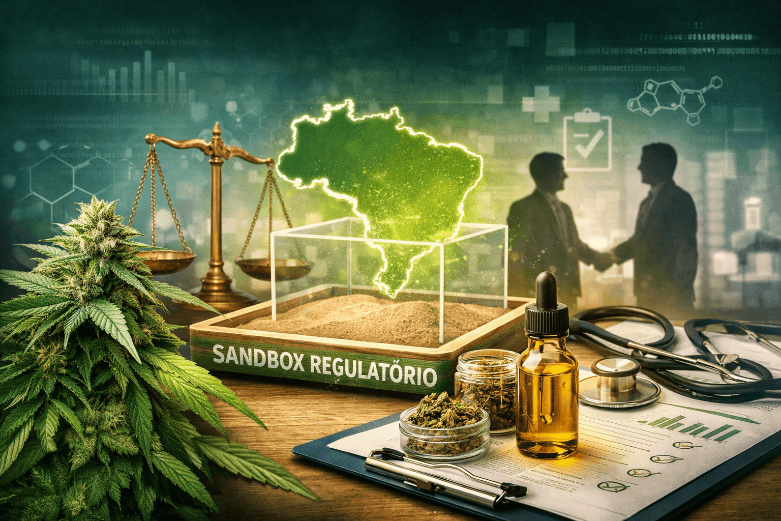 Ilustração sobre sandbox regulatório da cannabis no Brasil com planta, óleo medicinal, balança da justiça e mapa do país